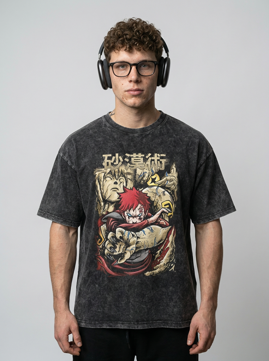 Dragon Ball Goku & JoJo's Bizarre Adventure T-Shirt Collection model frontal central — washed black t-shirt | Tempus Arc premium anime streetwear