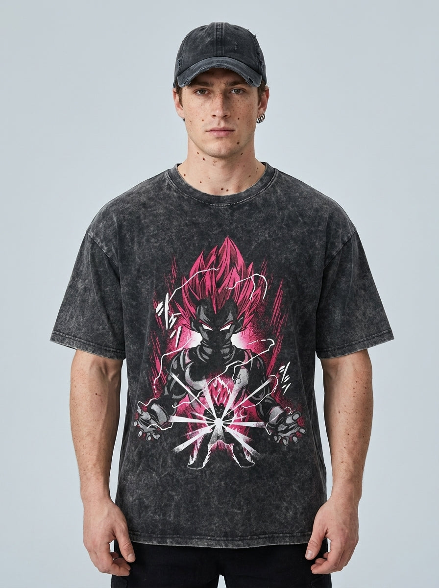 Dragon Ball Goku & JoJo's Bizarre Adventure T-Shirt Collection model frontal central — washed black t-shirt | Tempus Arc premium anime streetwear
