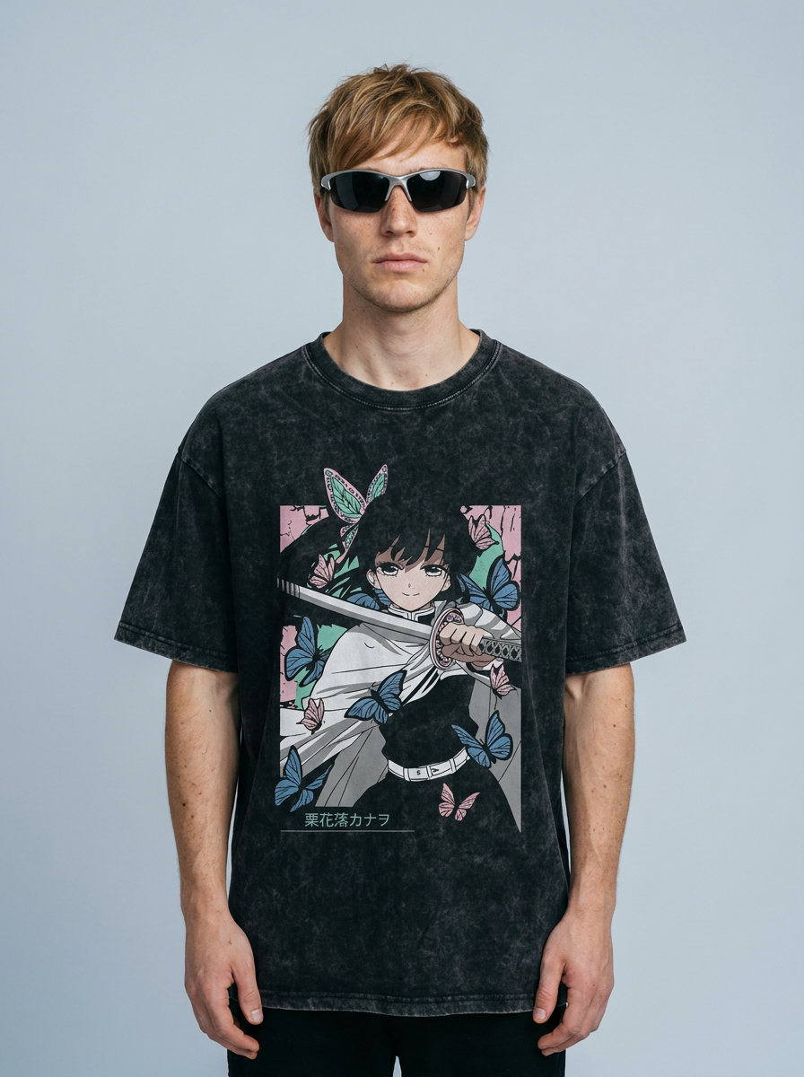Dragon Ball Goku & JoJo's Bizarre Adventure T-Shirt Collection model frontal central — washed black t-shirt | Tempus Arc premium anime streetwear