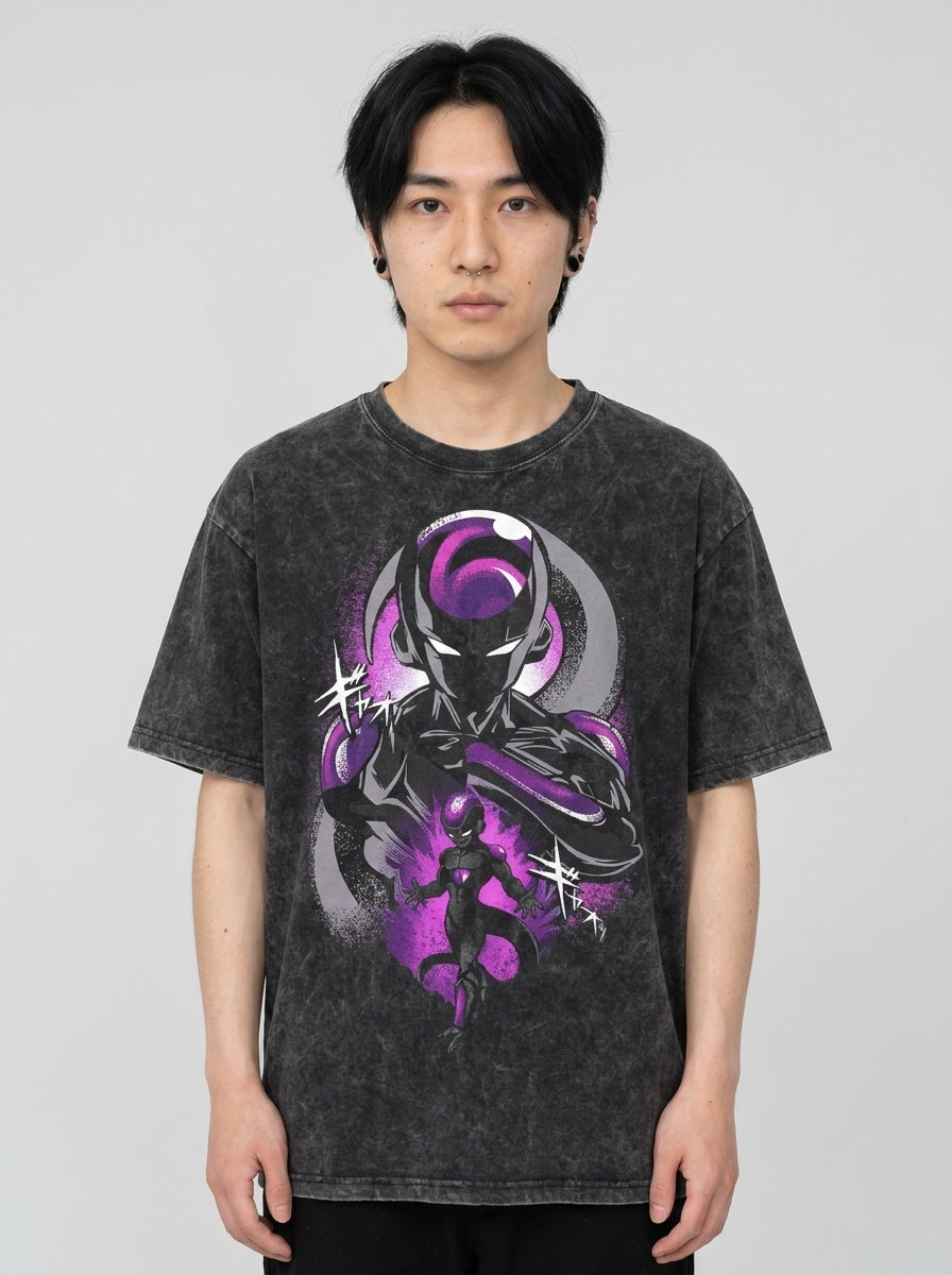 Dragon Ball Goku & JoJo's Bizarre Adventure T-Shirt Collection model frontal central — washed black t-shirt | Tempus Arc premium anime streetwear
