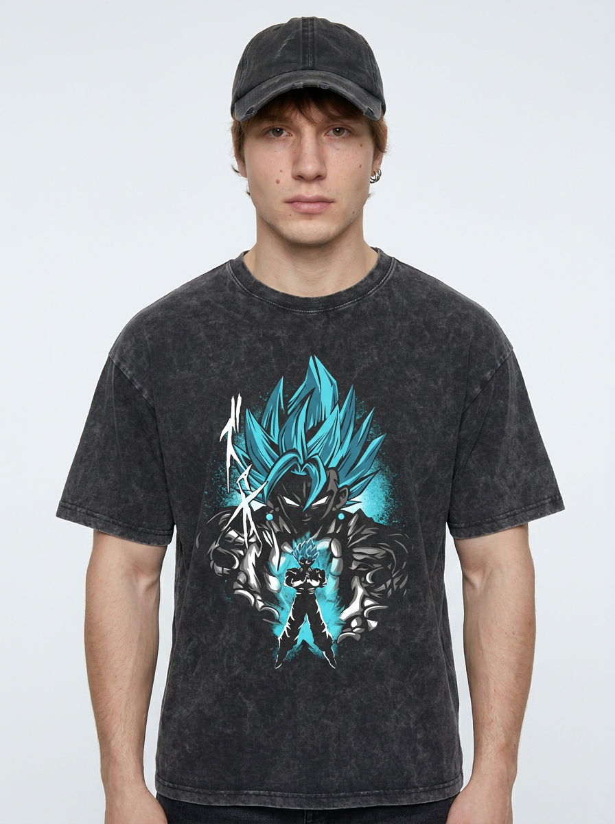Dragon Ball Goku & JoJo's Bizarre Adventure T-Shirt Collection model frontal central — washed black t-shirt | Tempus Arc premium anime streetwear