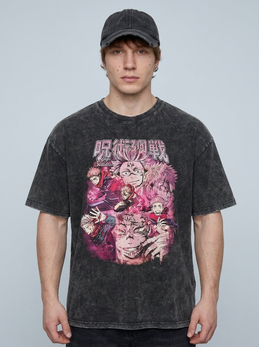 Dragon Ball Goku & JoJo's Bizarre Adventure T-Shirt Collection model frontal central — washed black t-shirt | Tempus Arc premium anime streetwear