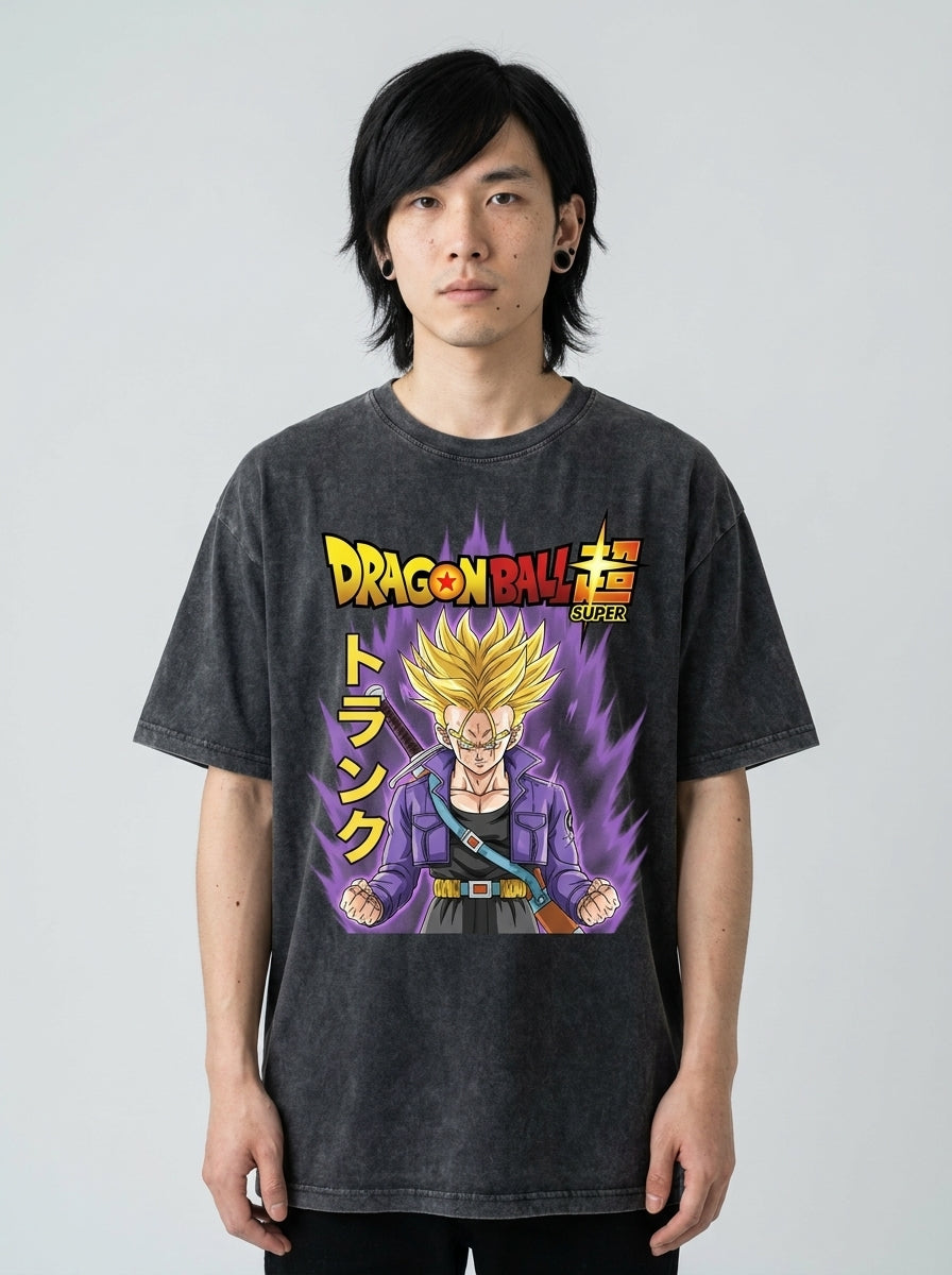 Dragon Ball Goku & JoJo's Bizarre Adventure T-Shirt Collection model frontal central — washed black t-shirt | Tempus Arc premium anime streetwear
