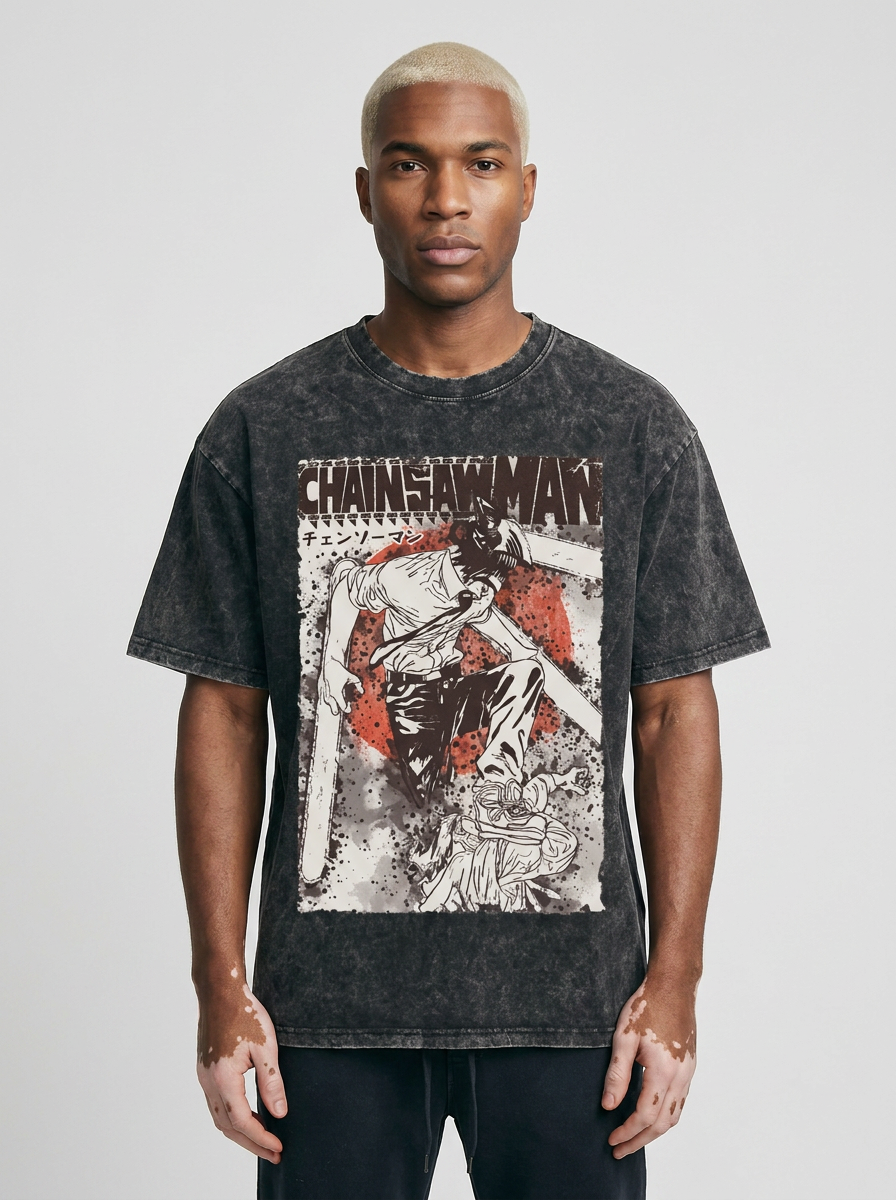 Dragon Ball Goku & JoJo's Bizarre Adventure T-Shirt Collection model frontal central — washed black t-shirt | Tempus Arc premium anime streetwear