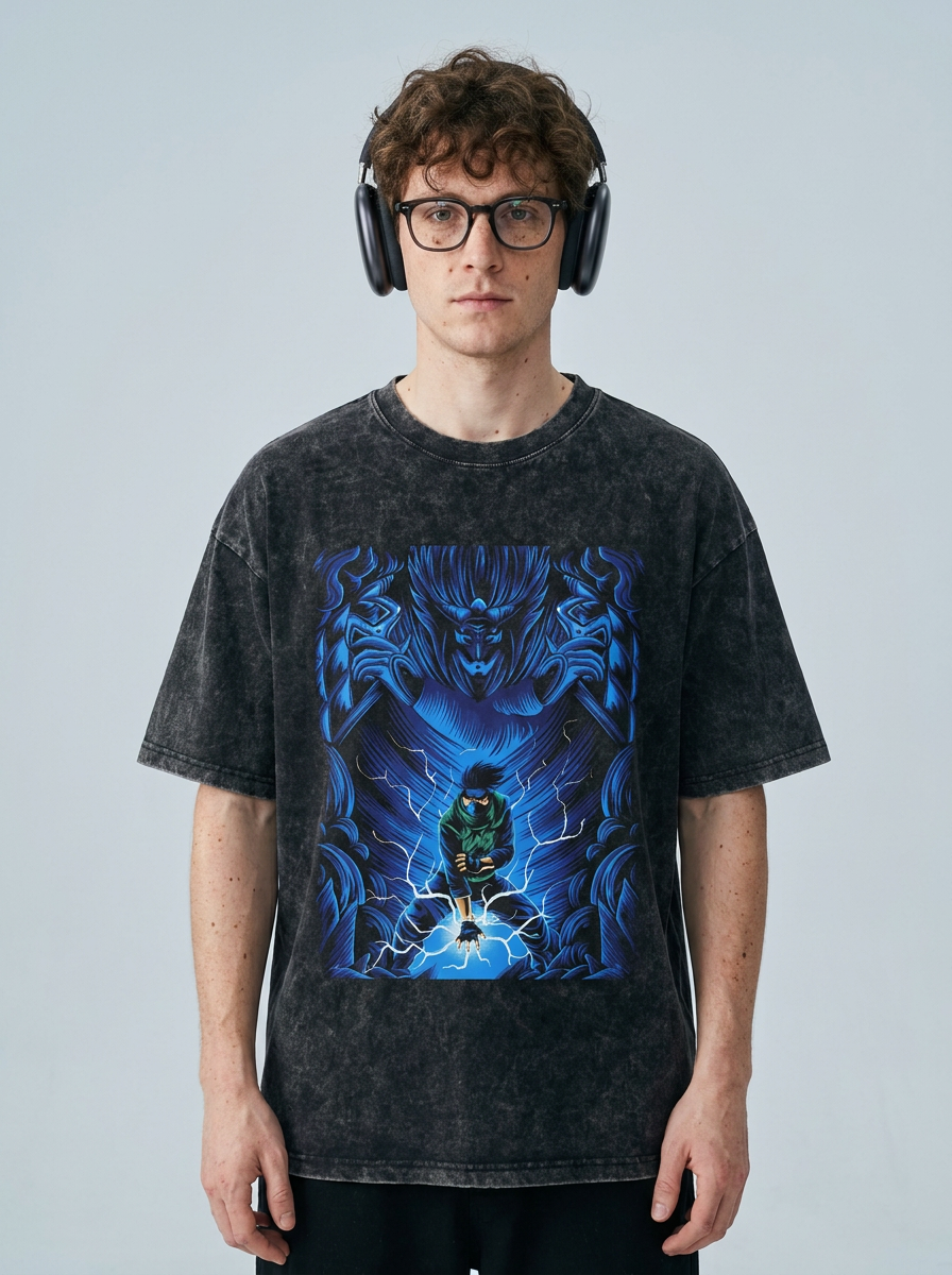 Dragon Ball Goku & JoJo's Bizarre Adventure T-Shirt Collection model frontal central — washed black t-shirt | Tempus Arc premium anime streetwear