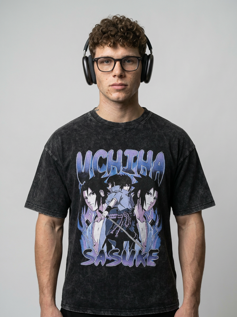 Dragon Ball Goku & JoJo's Bizarre Adventure T-Shirt Collection model frontal central — washed black t-shirt | Tempus Arc premium anime streetwear