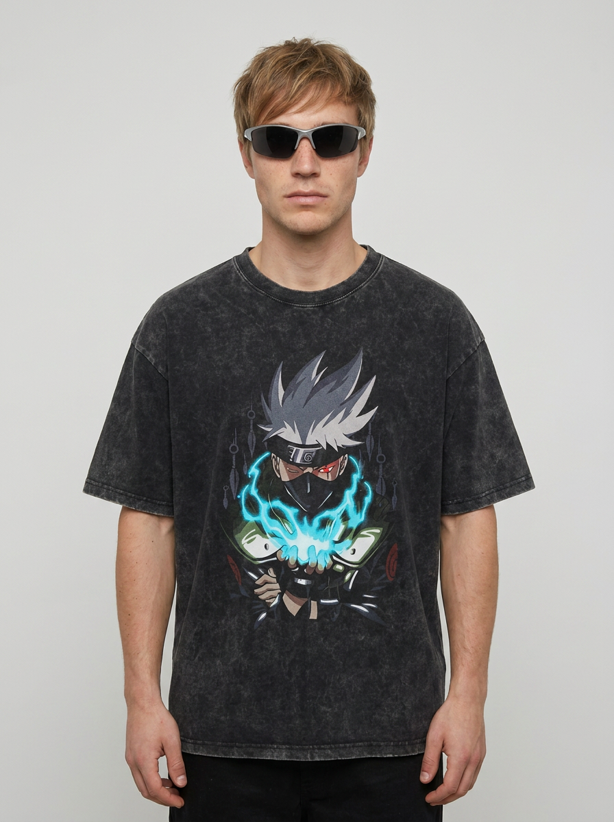 Dragon Ball Goku & JoJo's Bizarre Adventure T-Shirt Collection model frontal central — washed black t-shirt | Tempus Arc premium anime streetwear