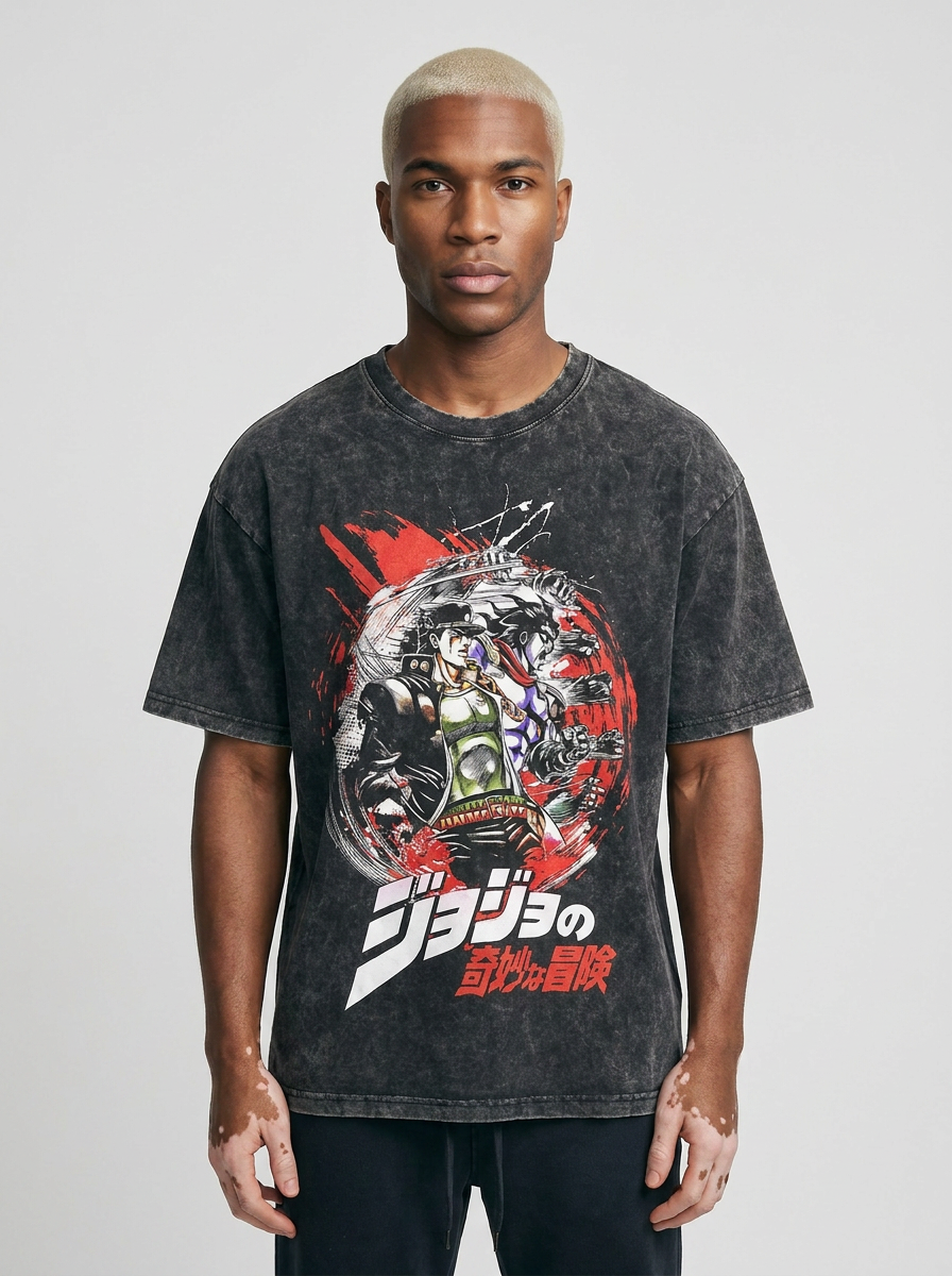 Dragon Ball Goku & JoJo's Bizarre Adventure T-Shirt Collection model frontal central — washed black t-shirt | Tempus Arc premium anime streetwear