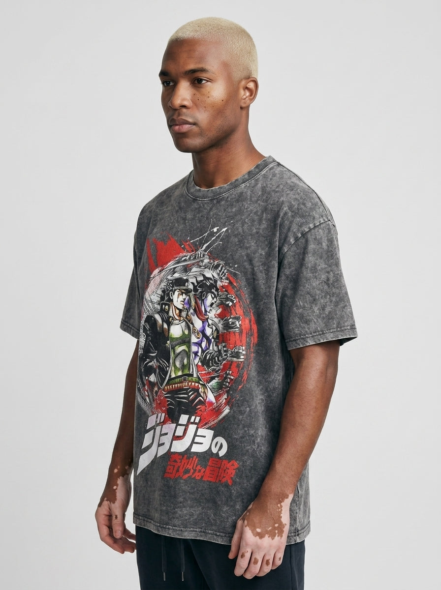 Dragon Ball Goku & JoJo's Bizarre Adventure T-Shirt Collection model lateral 3/4 — oversized washed cotton t-shirt | Tempus Arc premium anime streetwear
