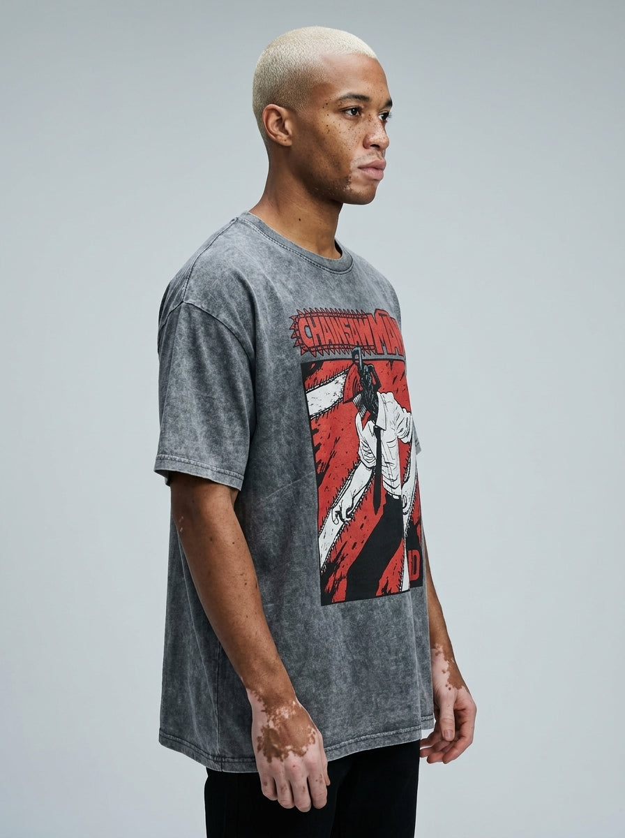 Dragon Ball Goku & JoJo's Bizarre Adventure T-Shirt Collection model lateral 3/4 — oversized washed cotton t-shirt | Tempus Arc premium anime streetwear