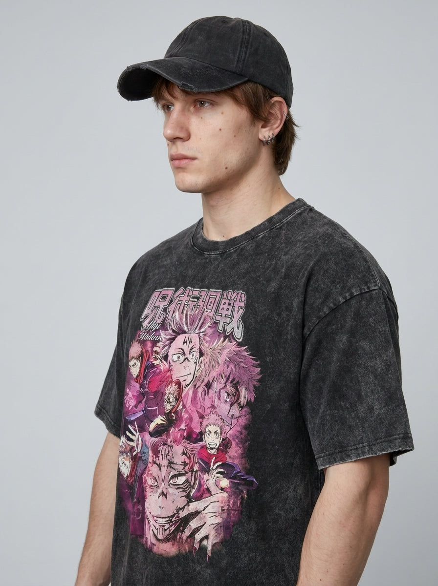 Dragon Ball Goku & JoJo's Bizarre Adventure T-Shirt Collection model lateral 3/4 — oversized washed cotton t-shirt | Tempus Arc premium anime streetwear