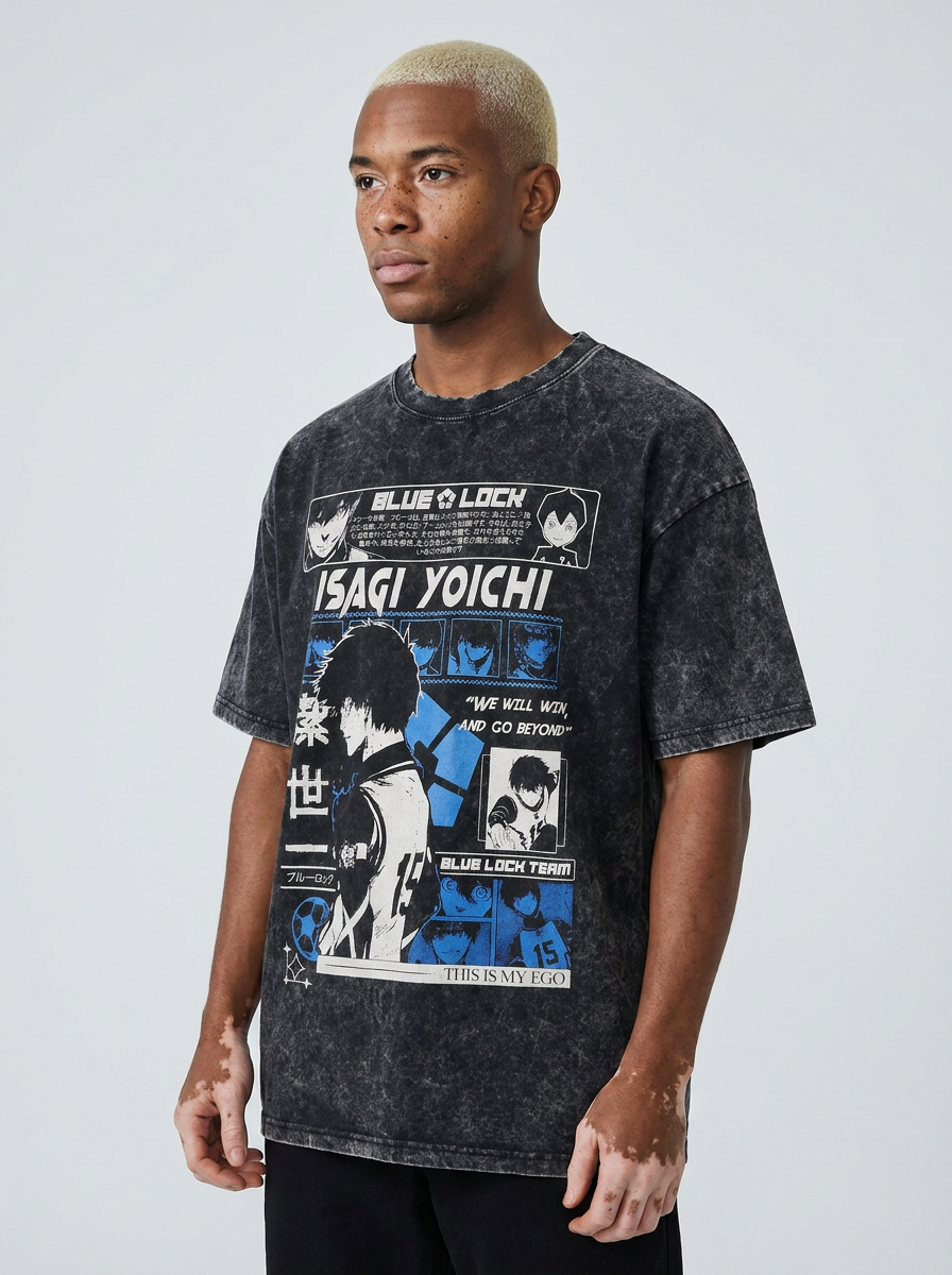 Dragon Ball Goku & JoJo's Bizarre Adventure T-Shirt Collection model lateral 3/4 — oversized washed cotton t-shirt | Tempus Arc premium anime streetwear