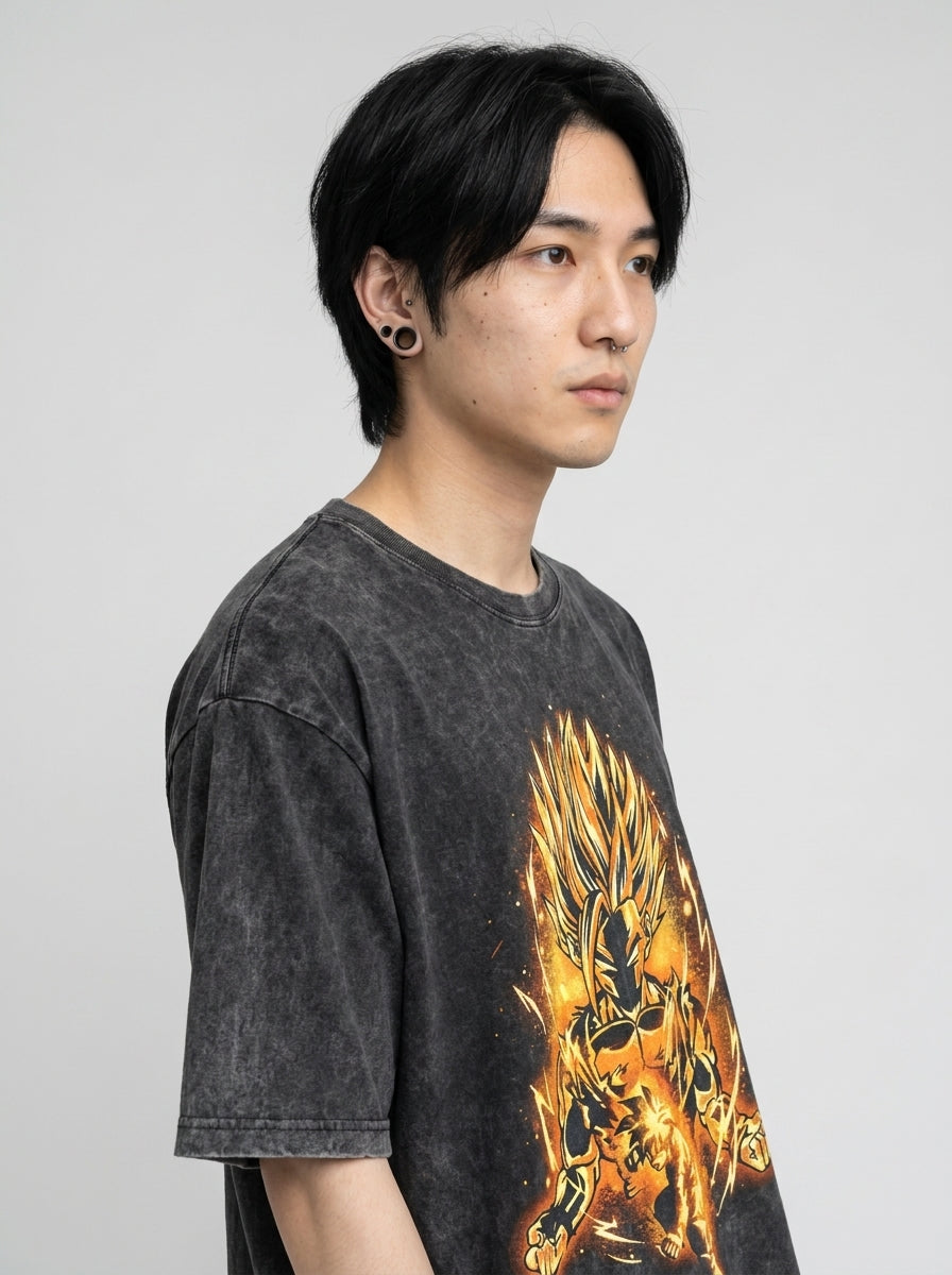 Dragon Ball Goku & JoJo's Bizarre Adventure T-Shirt Collection model lateral 3/4 — oversized washed cotton t-shirt | Tempus Arc premium anime streetwear