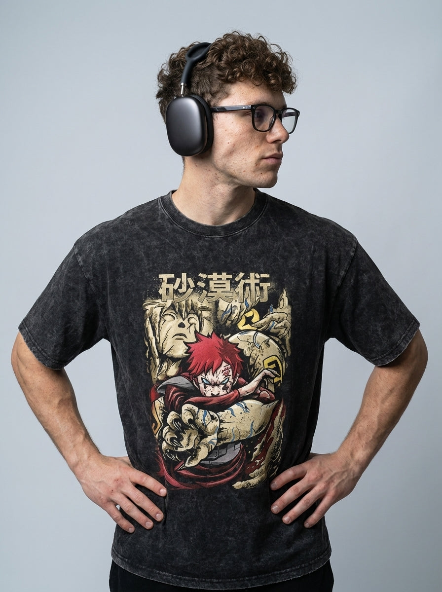 Dragon Ball Goku & JoJo's Bizarre Adventure T-Shirt Collection model side profile athletic — washed cotton t-shirt | Tempus Arc premium anime streetwear
