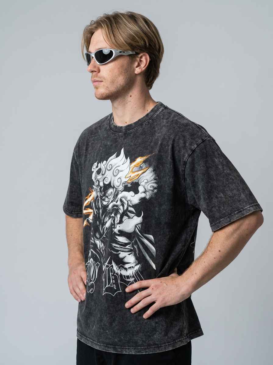 Dragon Ball Goku & JoJo's Bizarre Adventure T-Shirt Collection model side profile athletic — washed cotton t-shirt | Tempus Arc premium anime streetwear