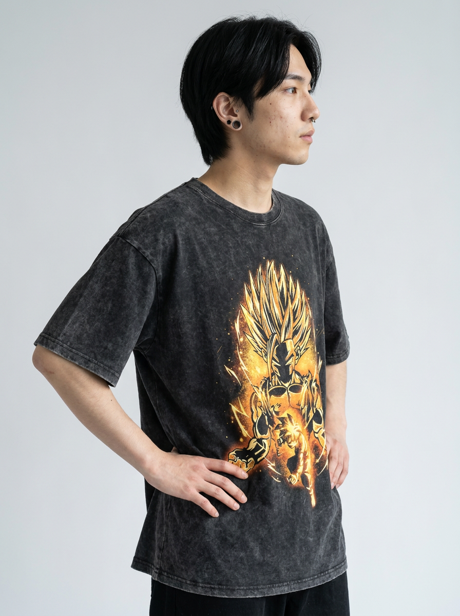 Dragon Ball Goku & JoJo's Bizarre Adventure T-Shirt Collection model side profile athletic — washed cotton t-shirt | Tempus Arc premium anime streetwear