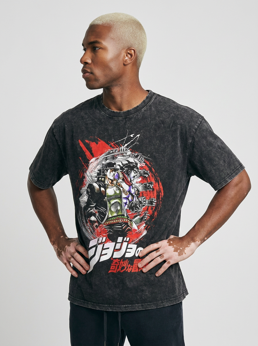 Dragon Ball Goku & JoJo's Bizarre Adventure T-Shirt Collection model side profile athletic — washed cotton t-shirt | Tempus Arc premium anime streetwear