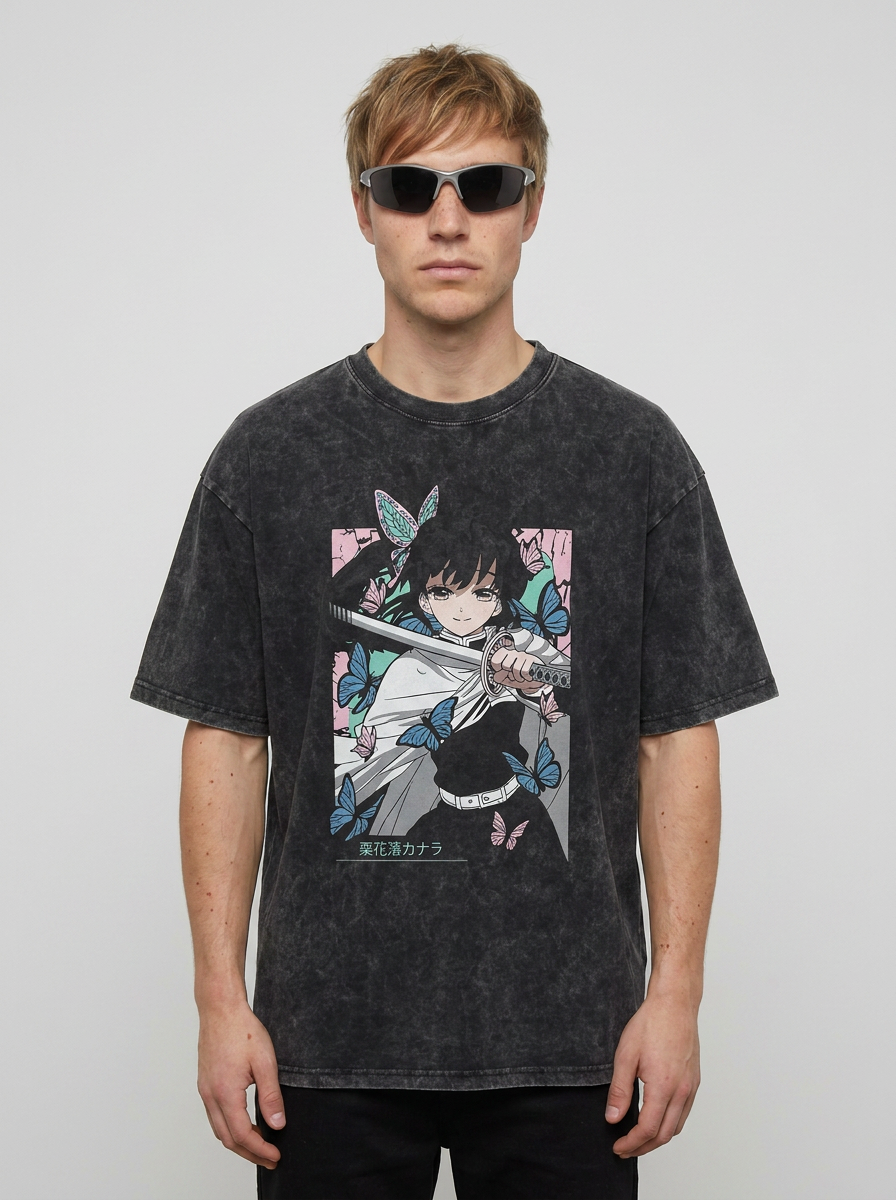 Dragon Ball Goku & JoJo's Bizarre Adventure T-Shirt Collection full body model — oversized boxed t-shirt | Tempus Arc premium anime streetwear