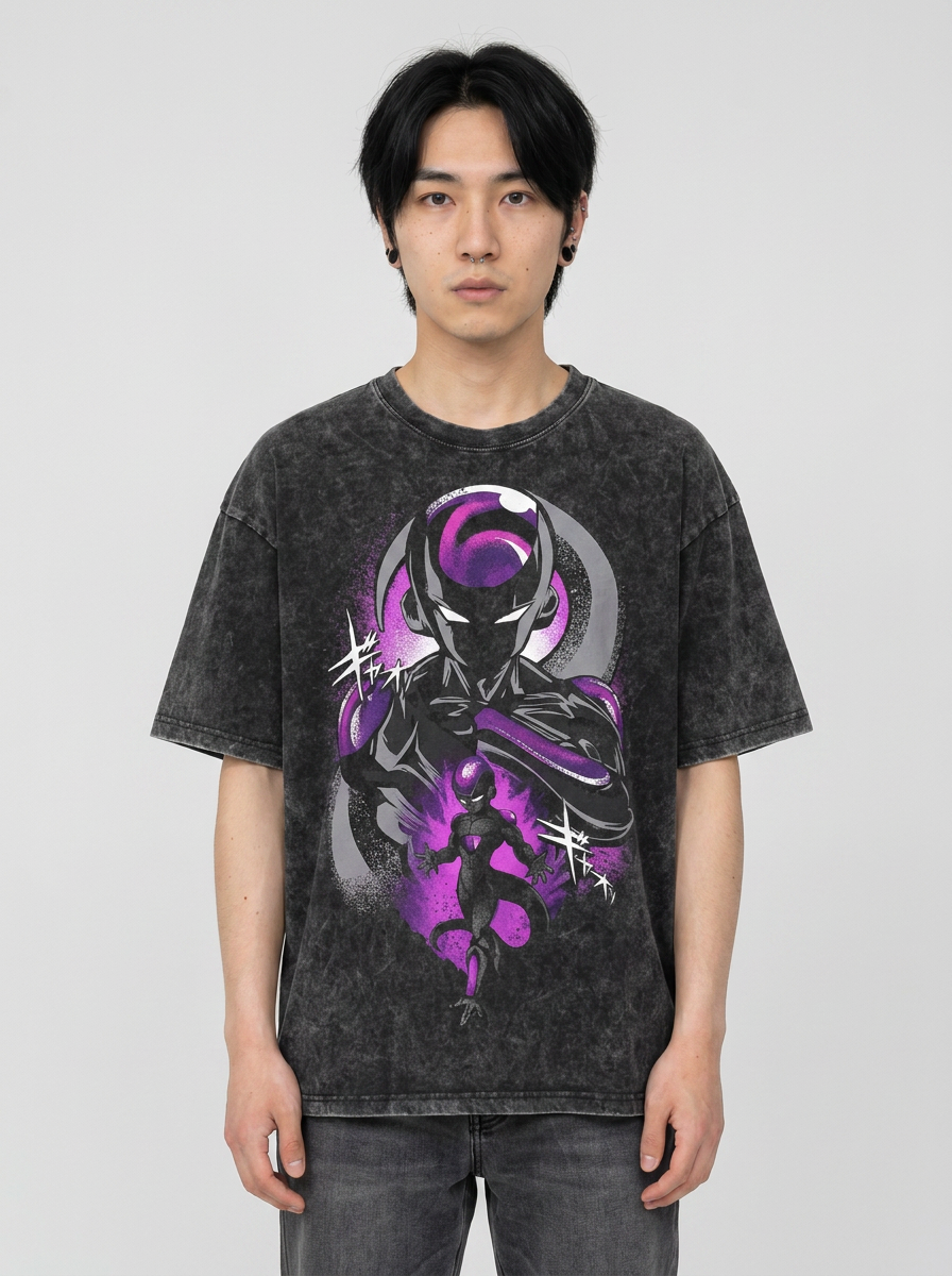 Dragon Ball Goku & JoJo's Bizarre Adventure T-Shirt Collection full body model — oversized boxed t-shirt | Tempus Arc premium anime streetwear