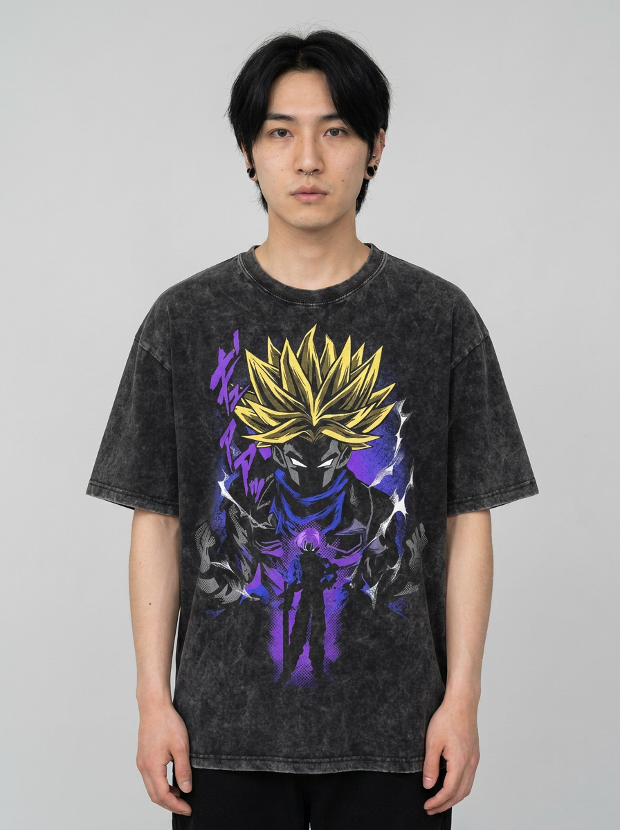 Dragon Ball Goku & JoJo's Bizarre Adventure T-Shirt Collection full body model — oversized boxed t-shirt | Tempus Arc premium anime streetwear