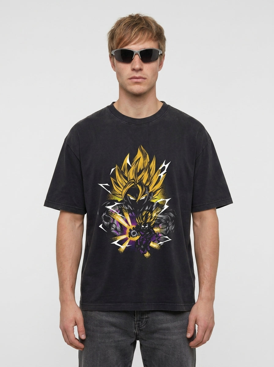 Dragon Ball Goku & JoJo's Bizarre Adventure T-Shirt Collection full body model — oversized boxed t-shirt | Tempus Arc premium anime streetwear
