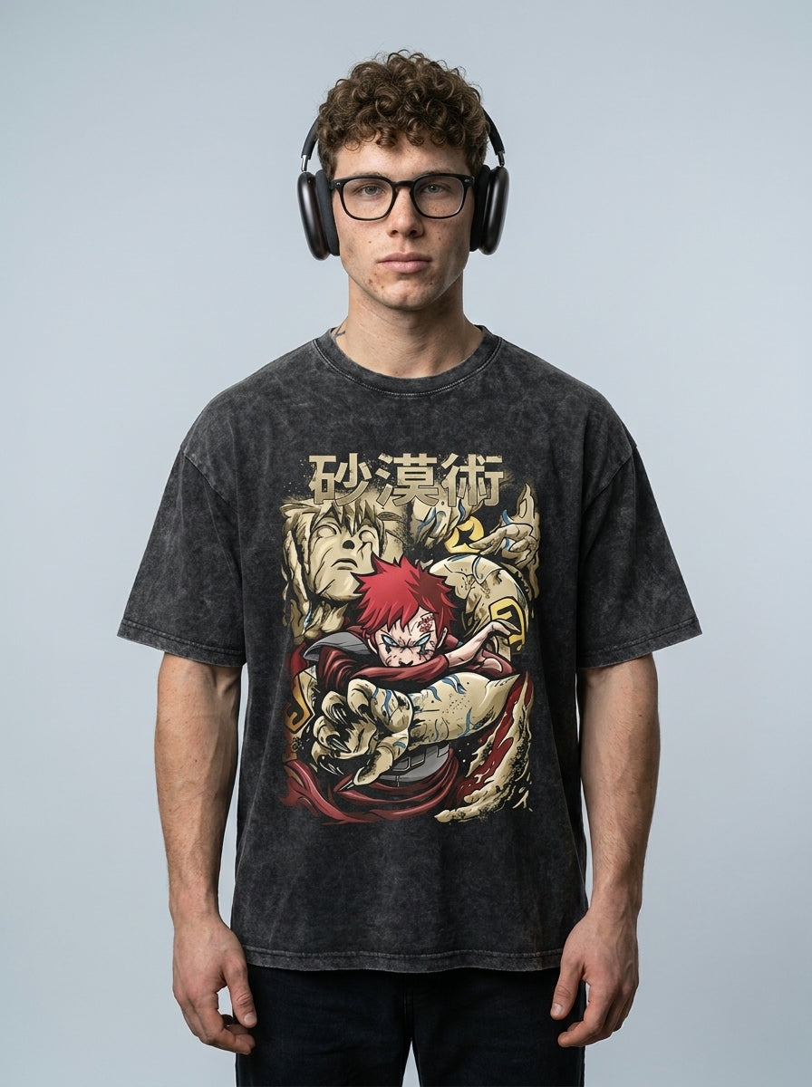 Dragon Ball Goku & JoJo's Bizarre Adventure T-Shirt Collection full body model — oversized boxed t-shirt | Tempus Arc premium anime streetwear