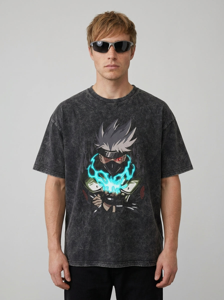 Dragon Ball Goku & JoJo's Bizarre Adventure T-Shirt Collection full body model — oversized boxed t-shirt | Tempus Arc premium anime streetwear