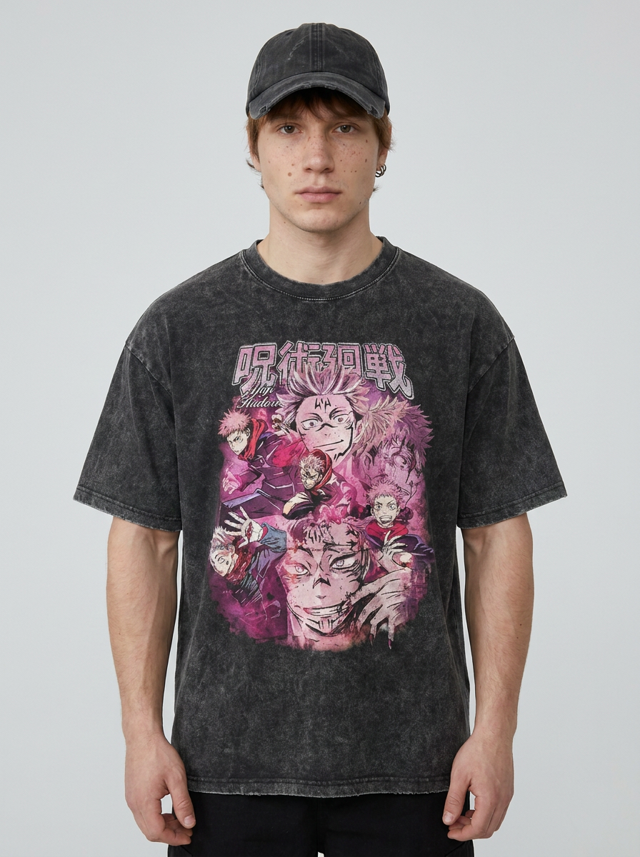 Dragon Ball Goku & JoJo's Bizarre Adventure T-Shirt Collection full body model — oversized boxed t-shirt | Tempus Arc premium anime streetwear