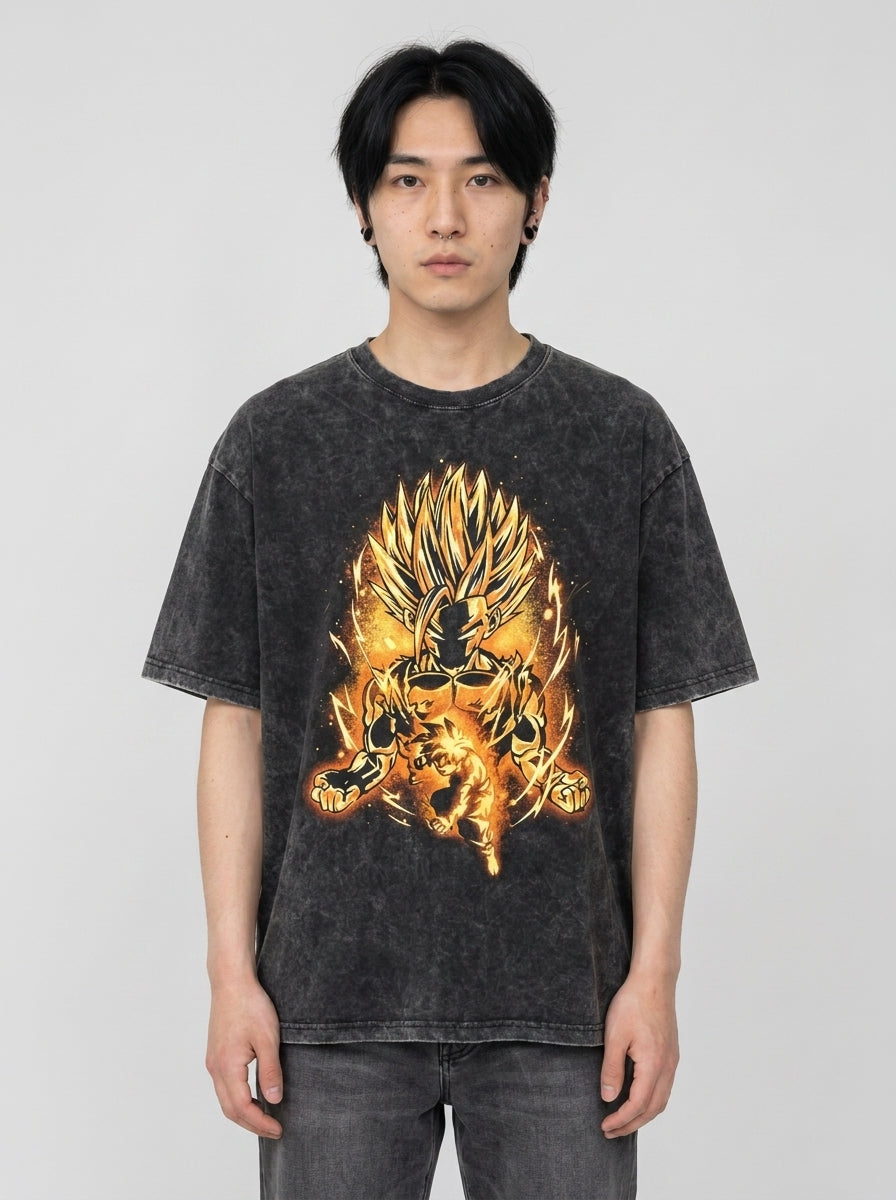 Dragon Ball Goku & JoJo's Bizarre Adventure T-Shirt Collection full body model — oversized boxed t-shirt | Tempus Arc premium anime streetwear