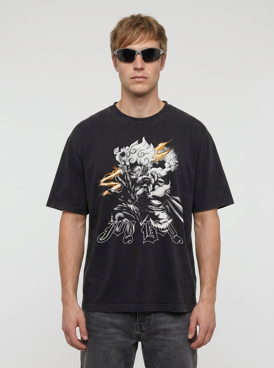 Dragon Ball Goku & JoJo's Bizarre Adventure T-Shirt Collection full body model — oversized boxed t-shirt | Tempus Arc premium anime streetwear