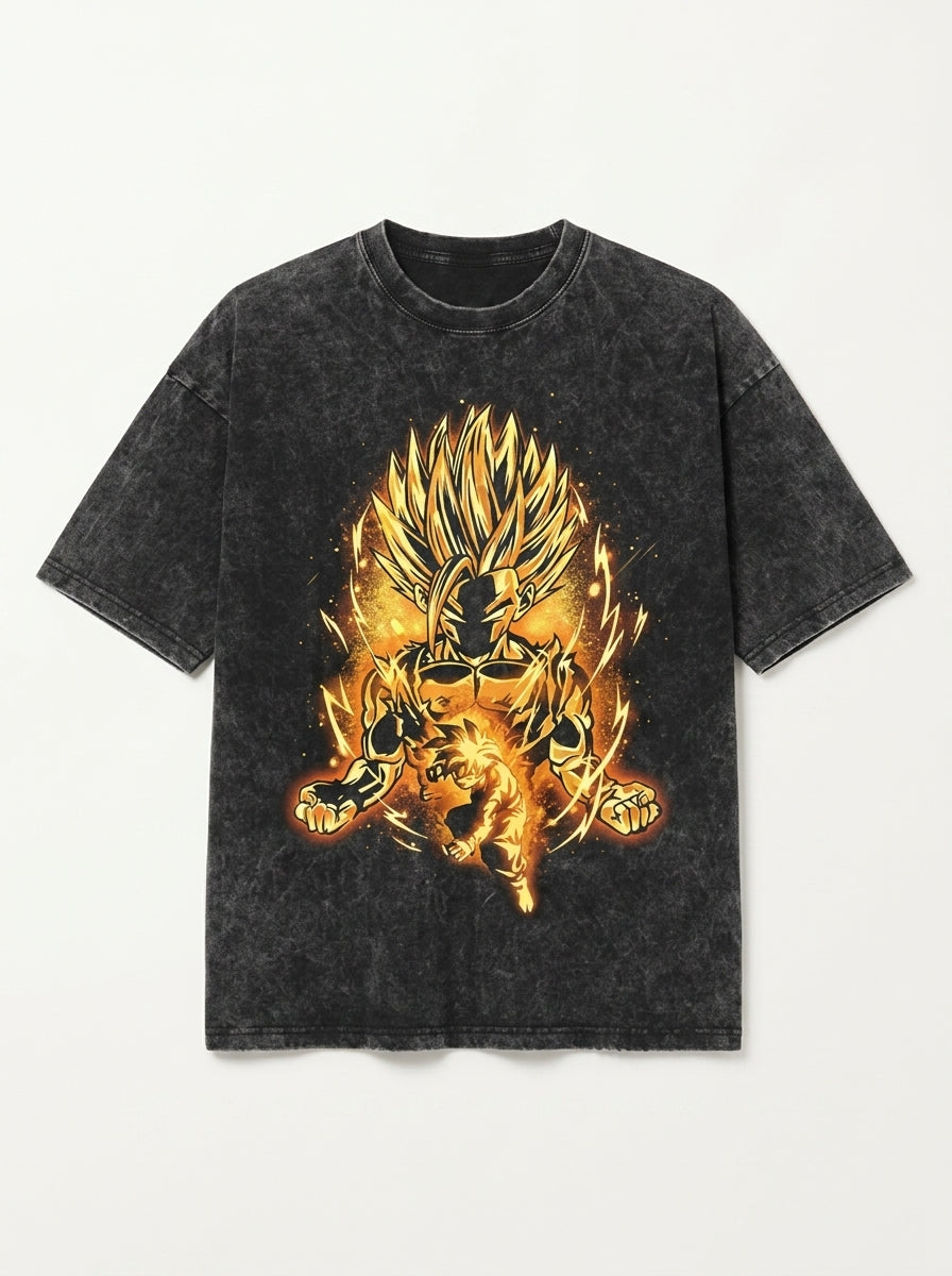 Dragon Ball Goku &amp; JoJo's Bizarre Adventure T-Shirt Collection flat lay front view — washed black oversized t-shirt | Tempus Arc premium anime streetwear