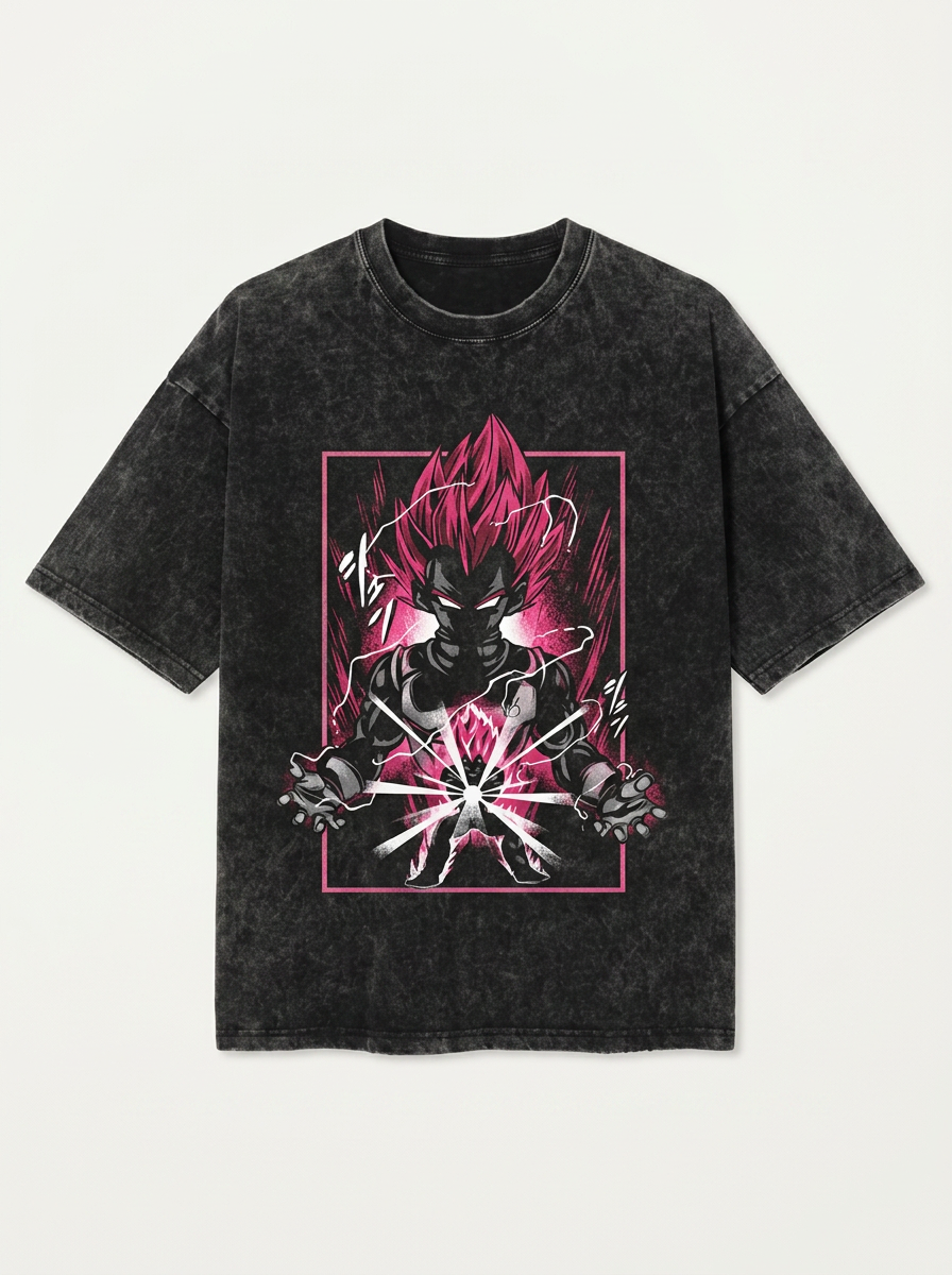 Dragon Ball Goku &amp; JoJo's Bizarre Adventure T-Shirt Collection flat lay front view — washed black oversized t-shirt | Tempus Arc premium anime streetwear