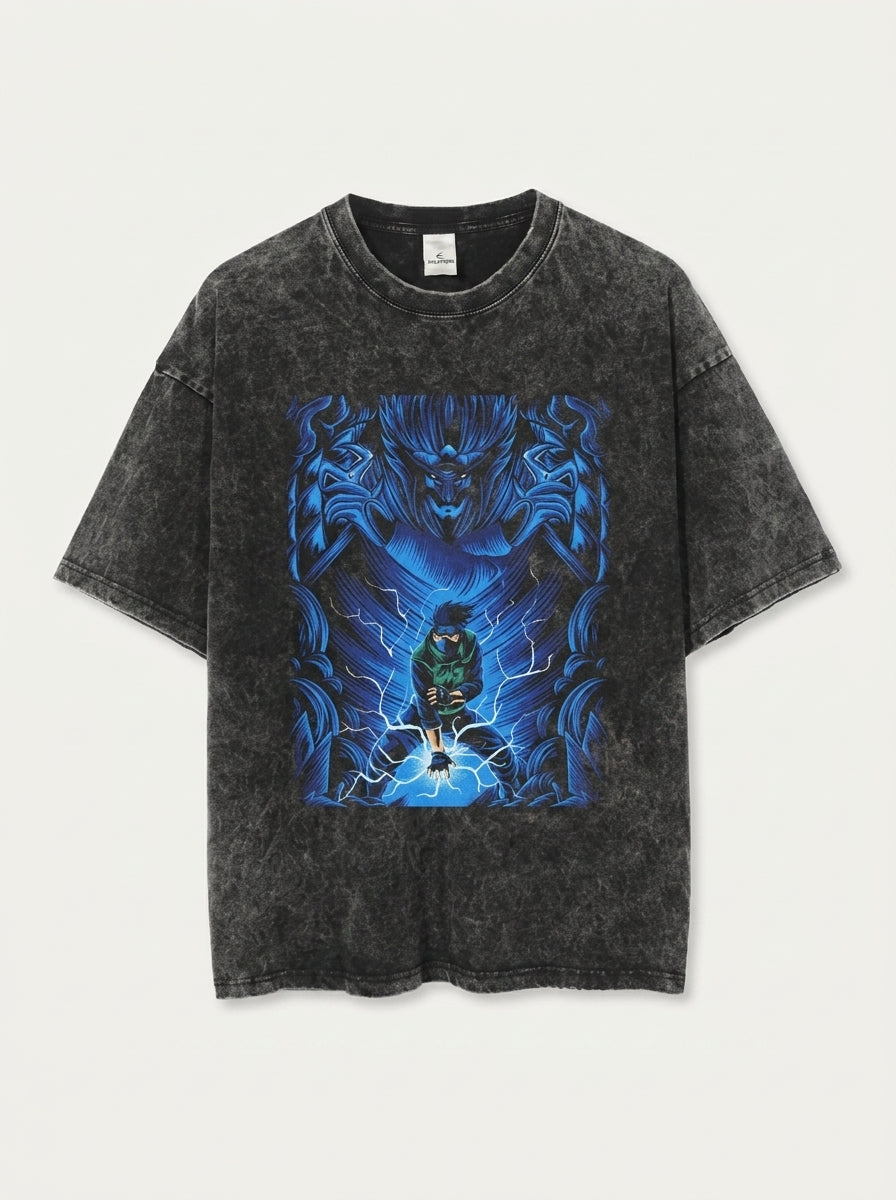 Dragon Ball Goku &amp; JoJo's Bizarre Adventure T-Shirt Collection flat lay front view — washed black oversized t-shirt | Tempus Arc premium anime streetwear