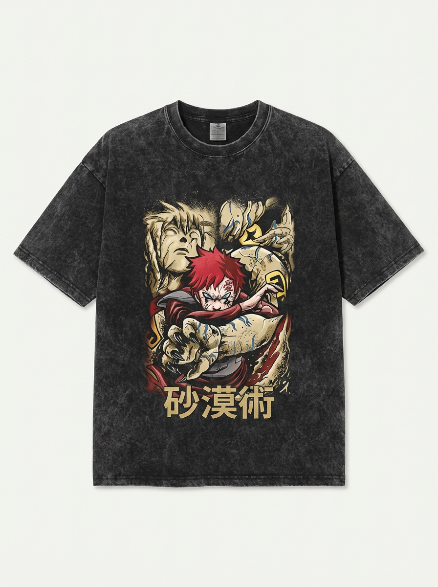 Dragon Ball Goku &amp; JoJo's Bizarre Adventure T-Shirt Collection flat lay front view — washed black oversized t-shirt | Tempus Arc premium anime streetwear