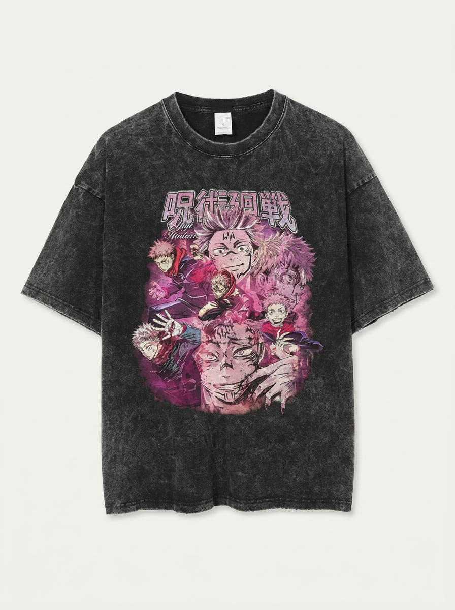 Dragon Ball Goku &amp; JoJo's Bizarre Adventure T-Shirt Collection flat lay front view — washed black oversized t-shirt | Tempus Arc premium anime streetwear