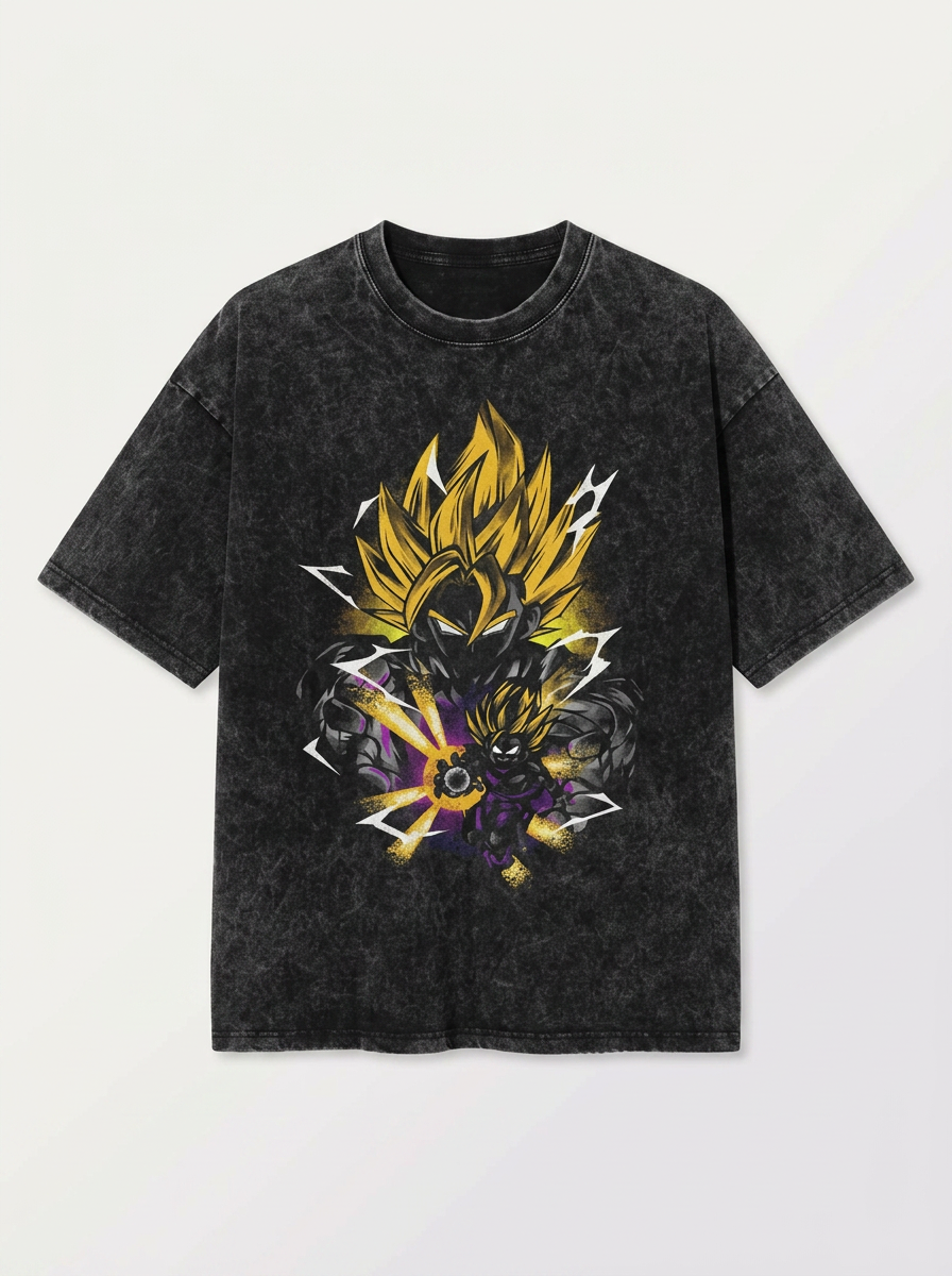 Dragon Ball Goku &amp; JoJo's Bizarre Adventure T-Shirt Collection flat lay front view — washed black oversized t-shirt | Tempus Arc premium anime streetwear