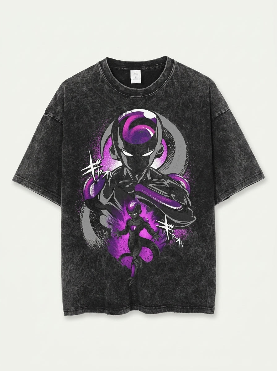 Dragon Ball Goku &amp; JoJo's Bizarre Adventure T-Shirt Collection flat lay front view — washed black oversized t-shirt | Tempus Arc premium anime streetwear
