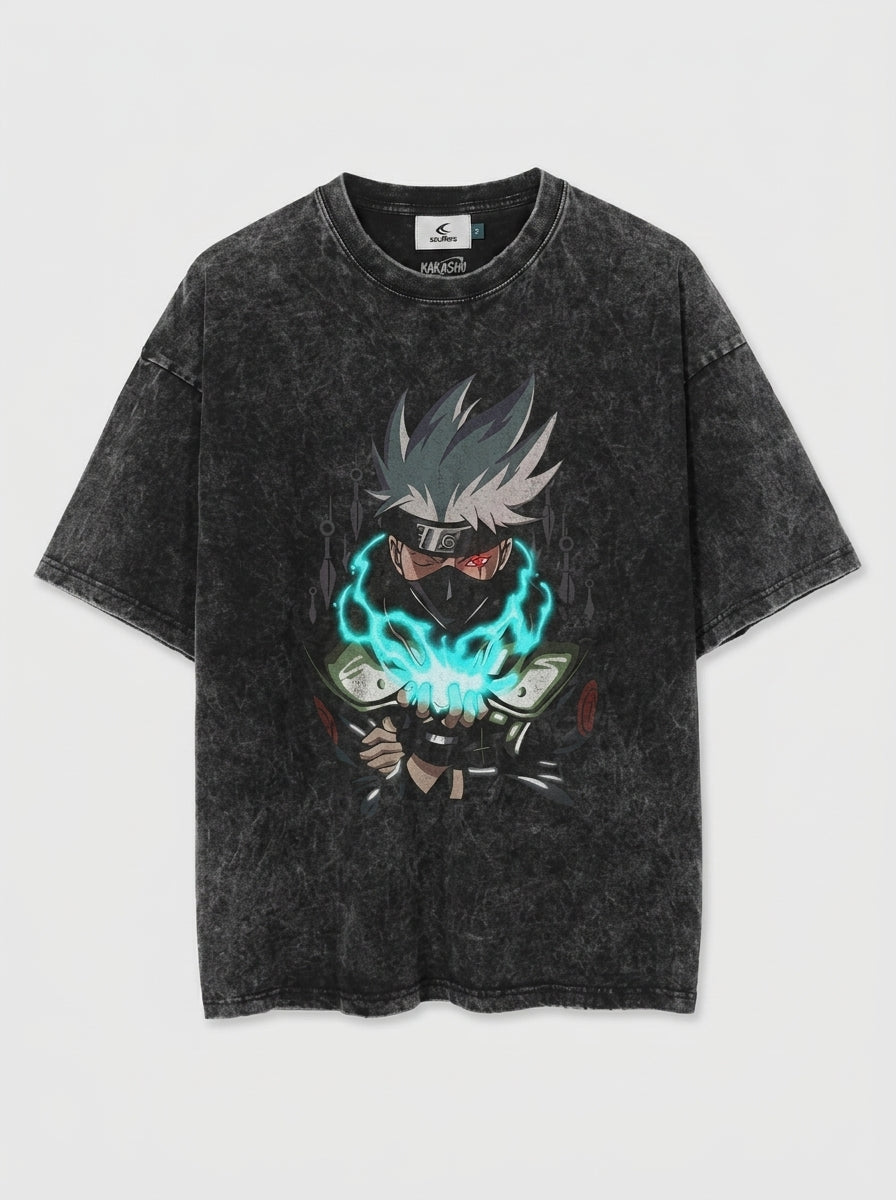 Dragon Ball Goku &amp; JoJo's Bizarre Adventure T-Shirt Collection flat lay front view — washed black oversized t-shirt | Tempus Arc premium anime streetwear