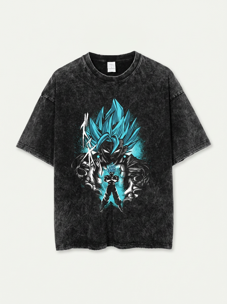Dragon Ball Goku &amp; JoJo's Bizarre Adventure T-Shirt Collection flat lay front view — washed black oversized t-shirt | Tempus Arc premium anime streetwear