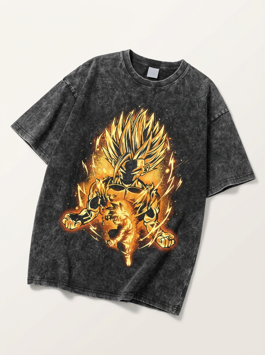 Dragon Ball Goku &amp; JoJo's Bizarre Adventure T-Shirt Collection angle perspective shot — washed cotton t-shirt | Tempus Arc premium anime streetwear