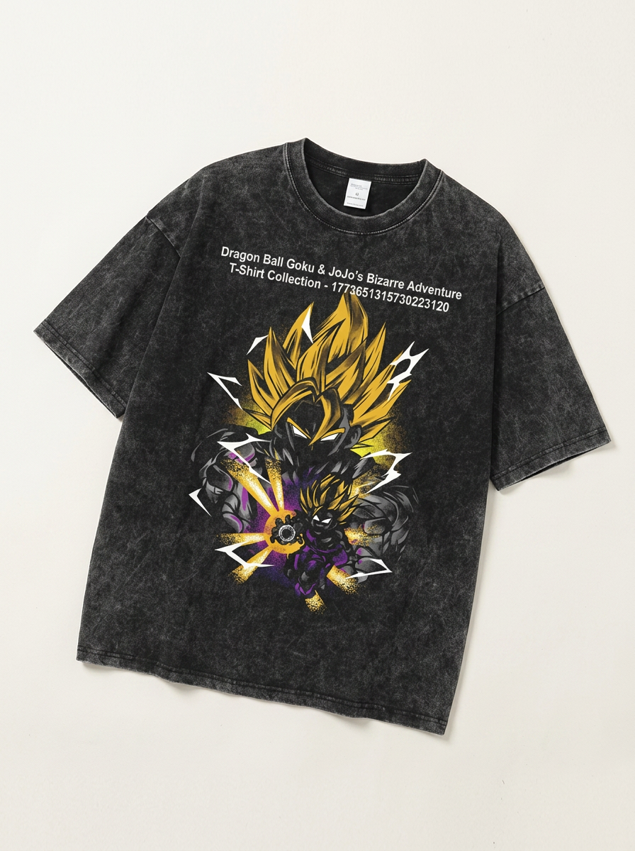 Dragon Ball Goku &amp; JoJo's Bizarre Adventure T-Shirt Collection angle perspective shot — washed cotton t-shirt | Tempus Arc premium anime streetwear