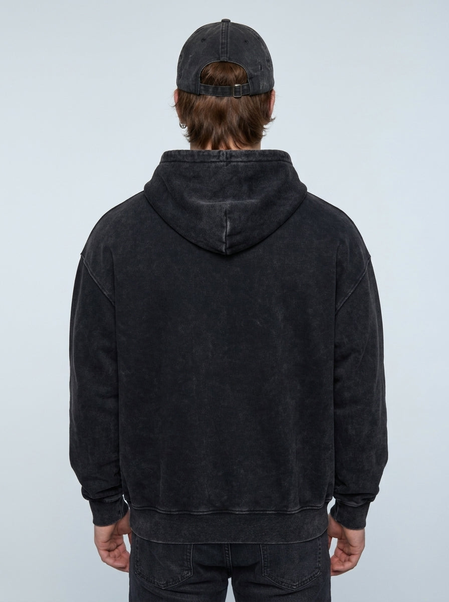 Back view of washed black oversized hoodie | Tempus Arc premium anime streetwear streetwear
