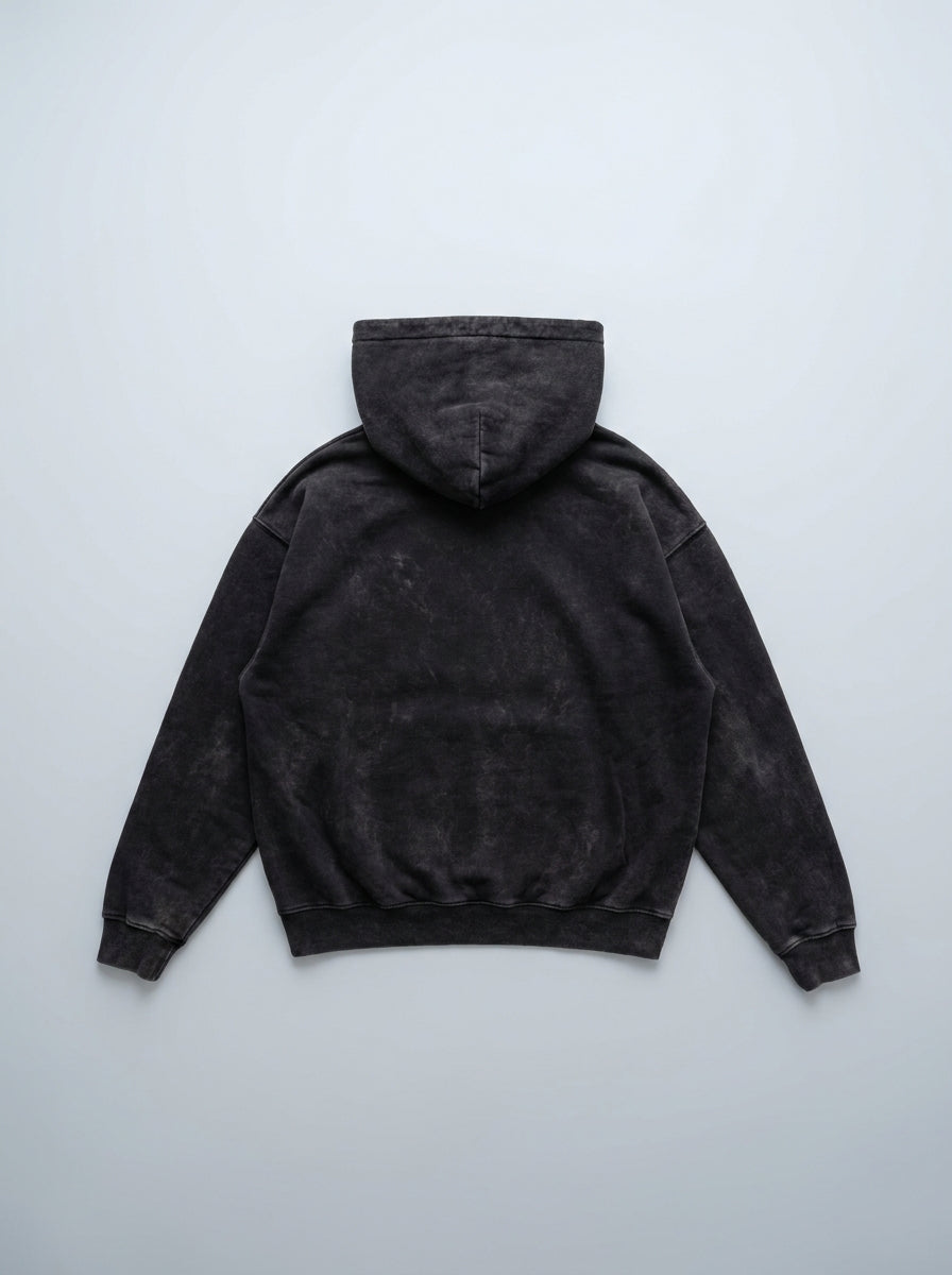 Washed black oversized hoodie back flat lay | Tempus Arc premium anime streetwear premium streetwear