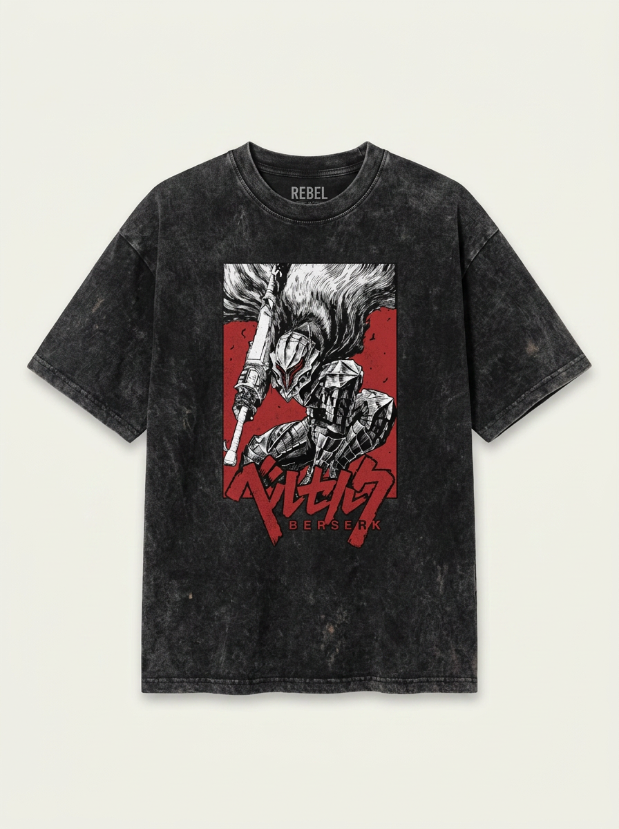 Guts Armor Knight Vintage Hoodie from Berserk Anime flat lay front view — washed black oversized hoodie | Tempus Arc premium anime streetwear