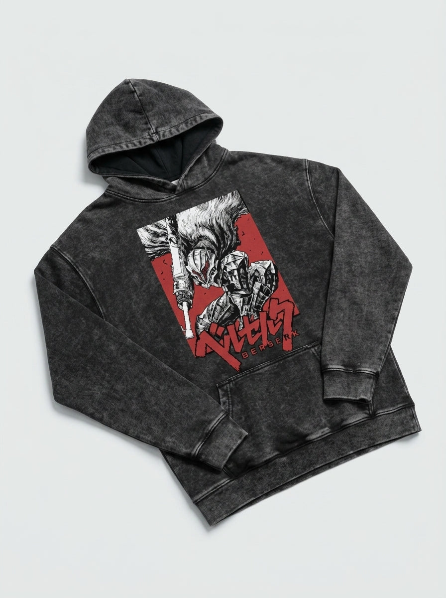 Guts Armor Knight Vintage Hoodie from Berserk Anime angle perspective shot — washed cotton hoodie | Tempus Arc premium anime streetwear