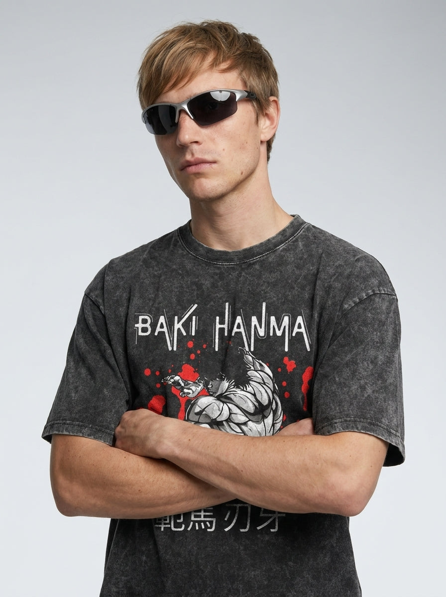 Hanma Baki The Grappler Gym Anime T-shirt for Men on model arms crossed — washed black t-shirt | Tempus Arc premium anime streetwear
