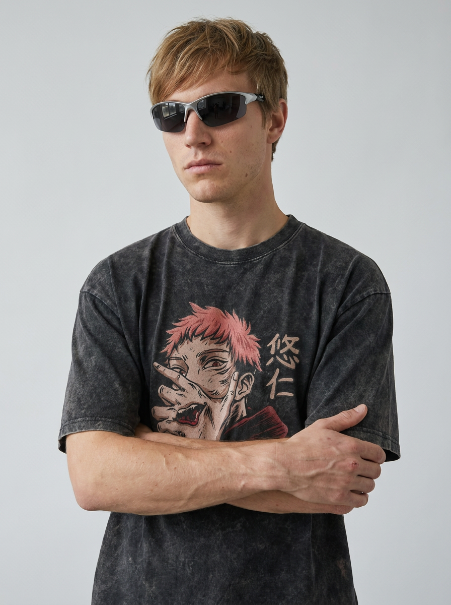 Hanma Baki The Grappler Gym Anime T-shirt for Men on model arms crossed — washed black t-shirt | Tempus Arc premium anime streetwear