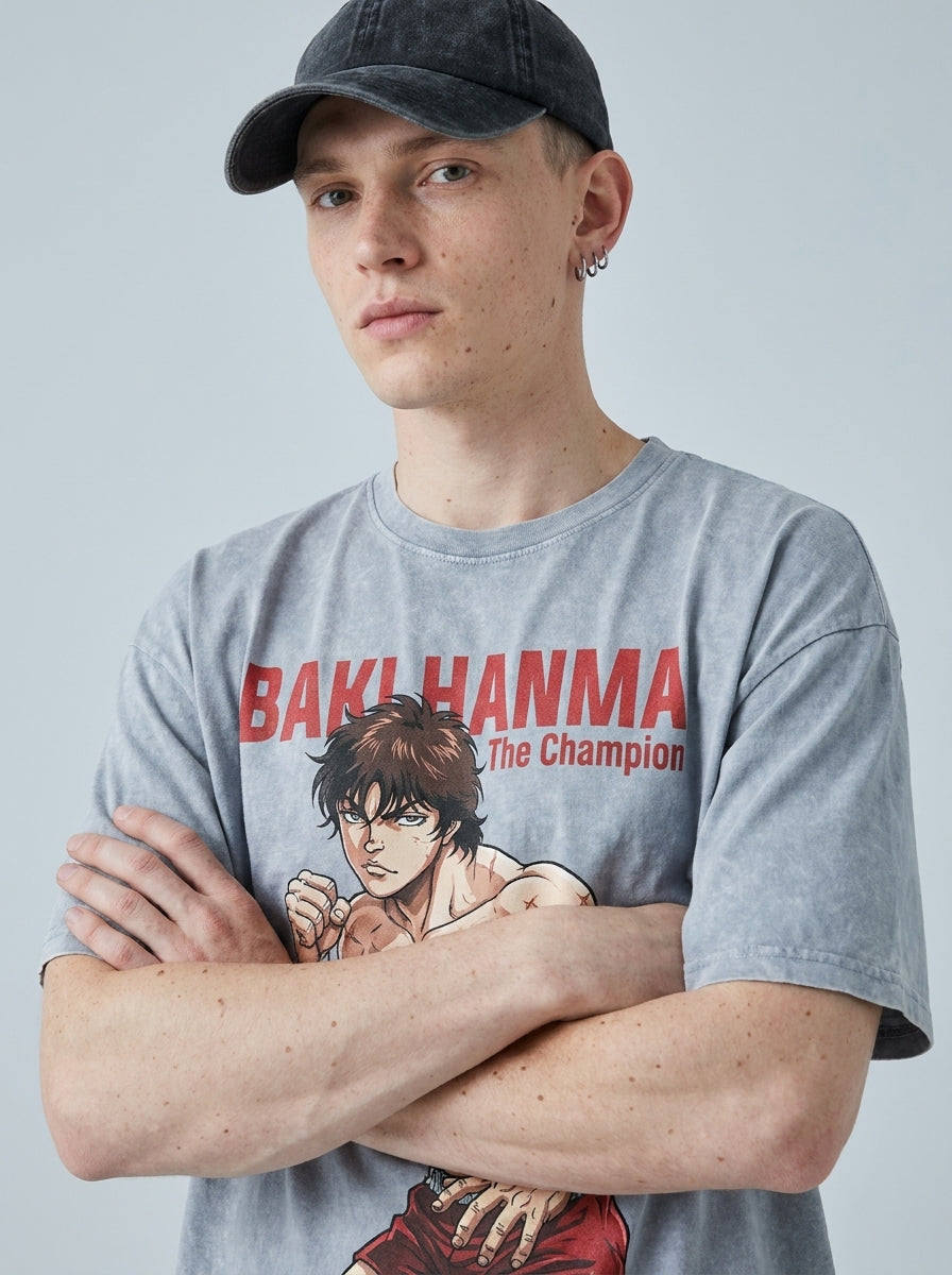 Hanma Baki The Grappler Gym Anime T-shirt for Men on model arms crossed — washed black t-shirt | Tempus Arc premium anime streetwear
