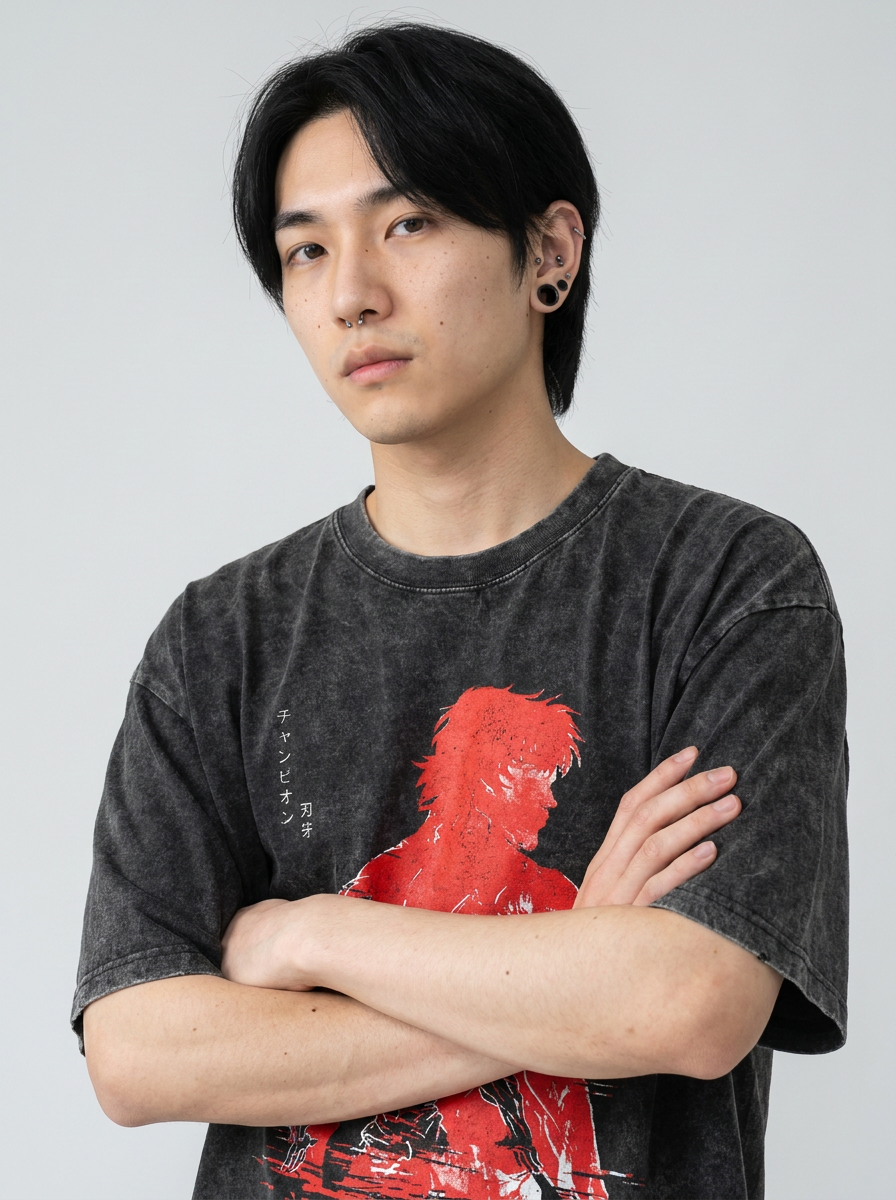 Hanma Baki The Grappler Gym Anime T-shirt for Men on model arms crossed — washed black t-shirt | Tempus Arc premium anime streetwear
