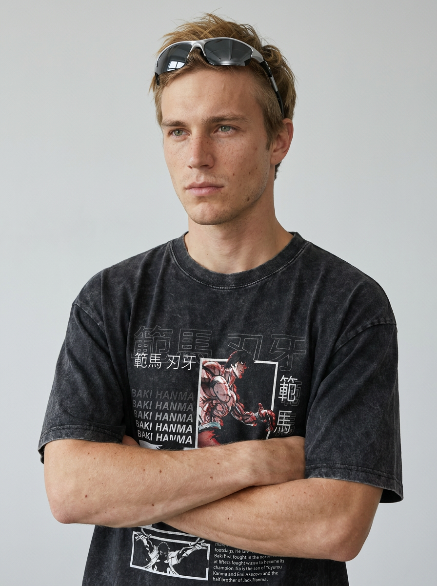 Hanma Baki The Grappler Gym Anime T-shirt for Men on model arms crossed — washed black t-shirt | Tempus Arc premium anime streetwear